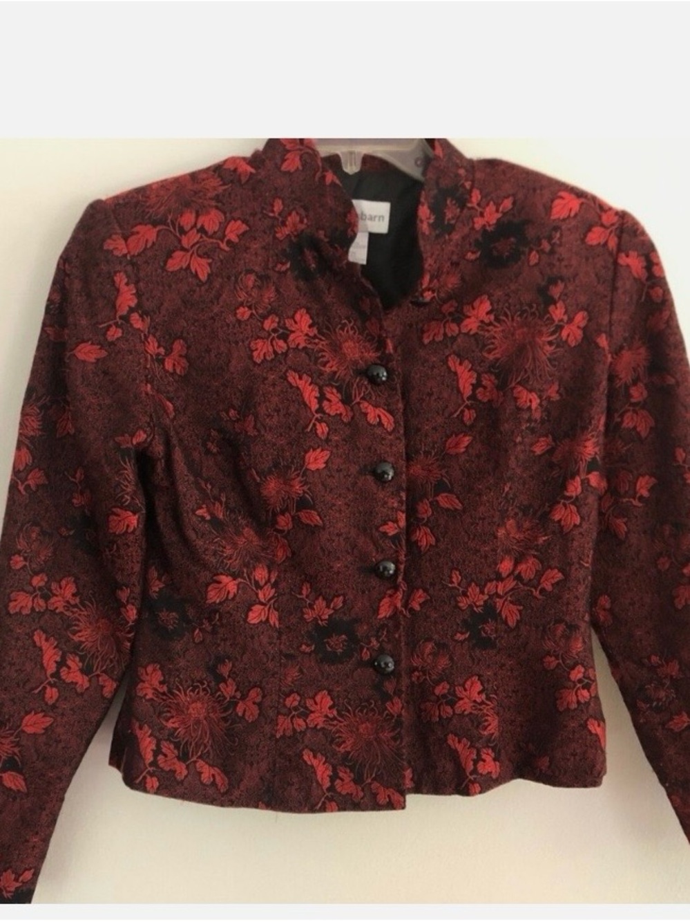 Dressbarn Burgundy Red/Black Jacquard, Silk Blend, Lined Jacket SIZE 8